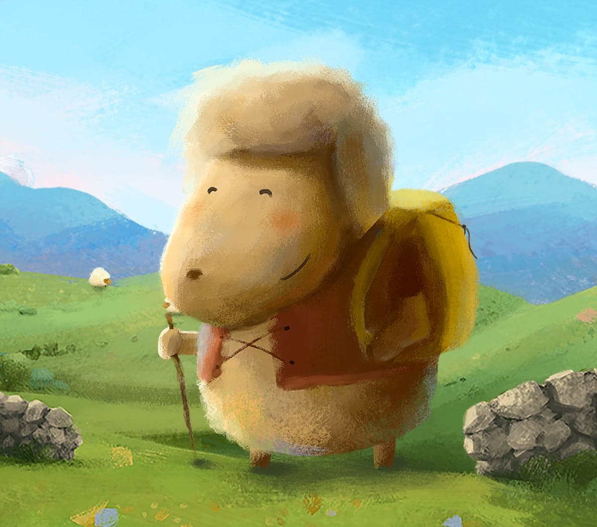 Shepherd the Sheep hiking the hills with his walking stick
