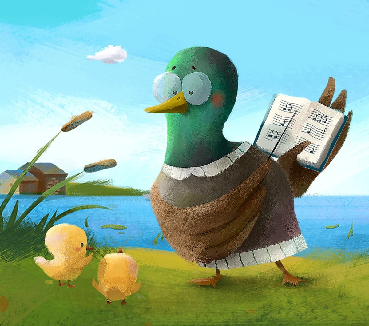 Dolores the Duck reading a songbook to her ducklings