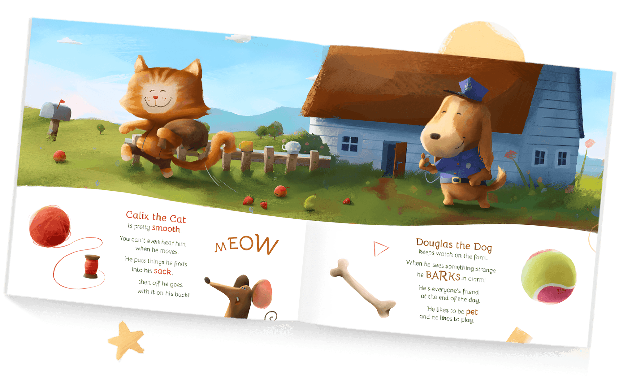An open book spread featuring Calix the Cat and Douglas the Dog