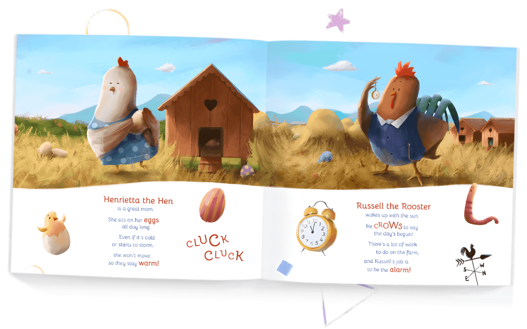 An open book spread featuring Henrietta the Hen and Russell the Rooster